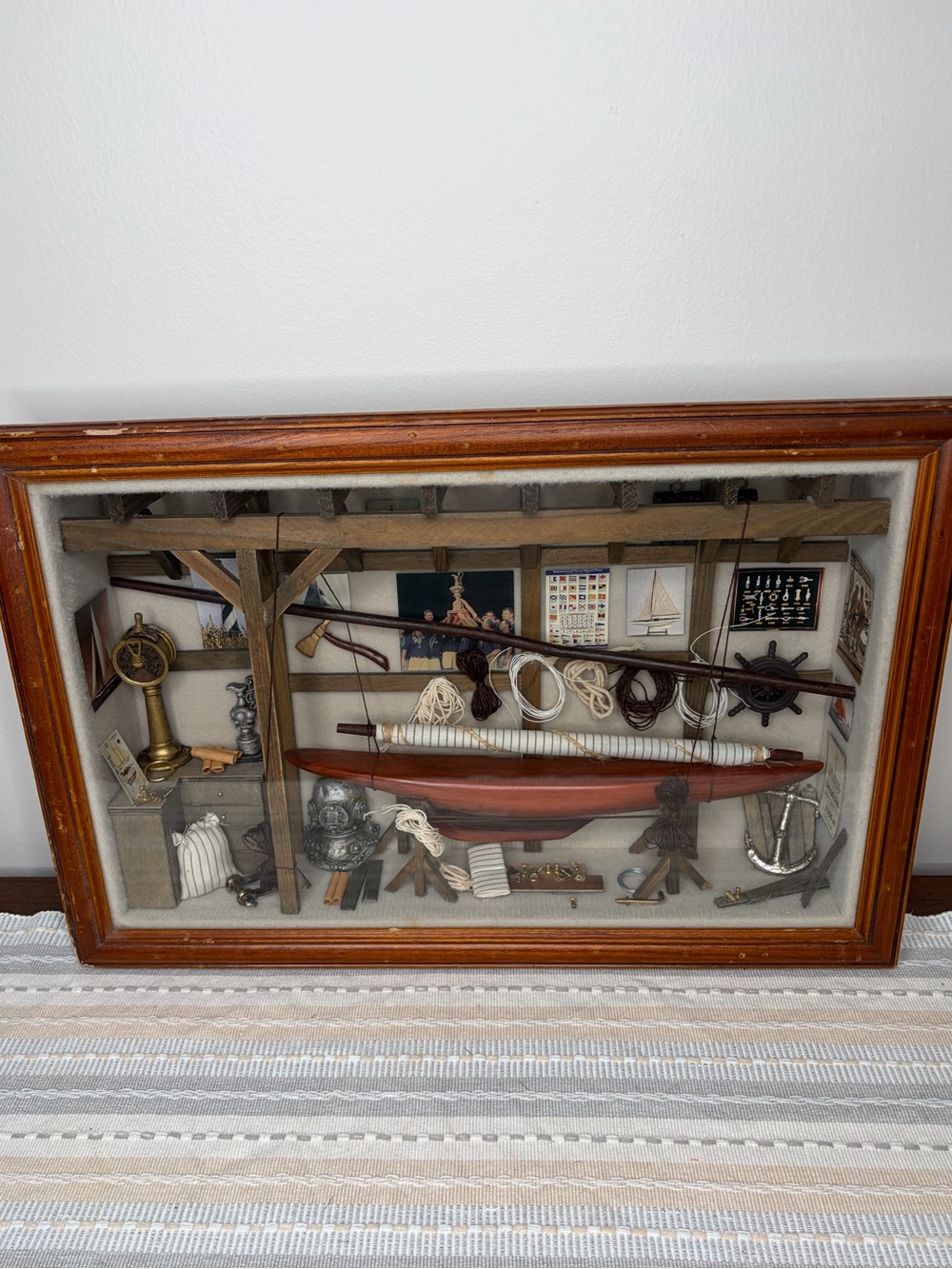 Framed Nautical Vintage Shadow Box with Miniature Boat and Maritime Decor